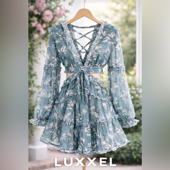 Luxxel Dresses & Skirts - Luxxel Blue Floral Chiffon Two-Piece Illusion  Dress Lace-Up Back,Ruffle Size L